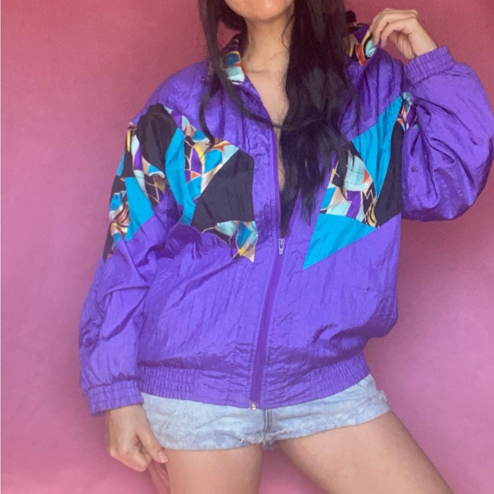 SOLD 80s 90s Funky Patchwork Print Track Jacket Bomber Lavon by Cheerful Corp